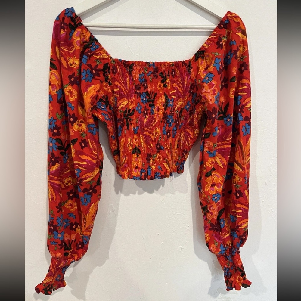 MAISON D'AMELIE Paris Boho Chic Linen Smocked Crop Top Orange Floral Medium - Picture 1 of 5
